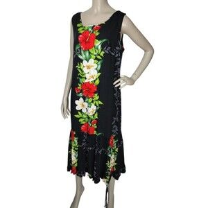 Vintage 90s Hilo Hattie Sleeveless Colorful Floral Hawaiian Tiered Aloha Dress